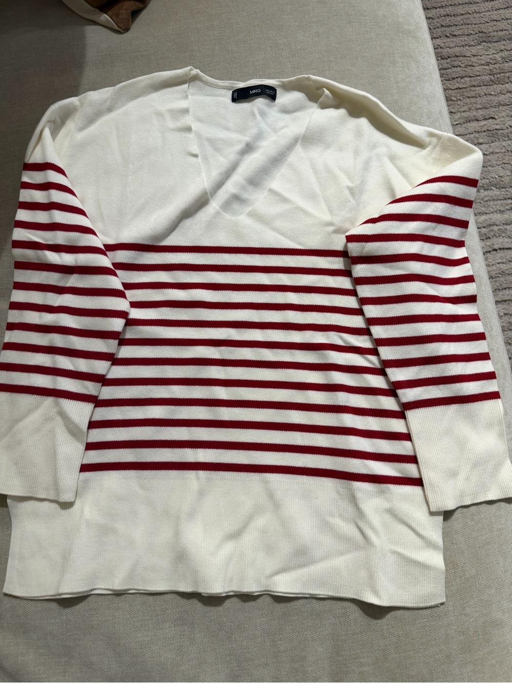 Mango Cream Sweater with Red Stripes V-Neck